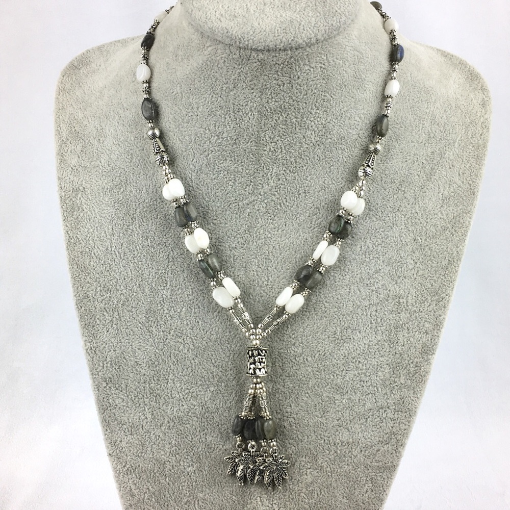 New Labradorite Stone  & Quartz Cannabis Hemp Leaf Necklace